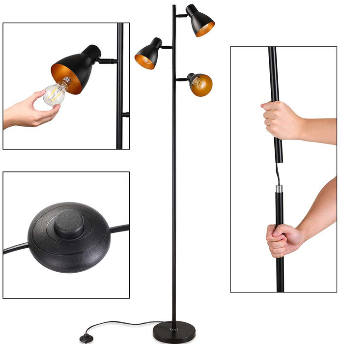 Piantana Alta 3Luci Lampada Salotto Moderna in Metallo Nero Oro 165cm Casa Ufficio