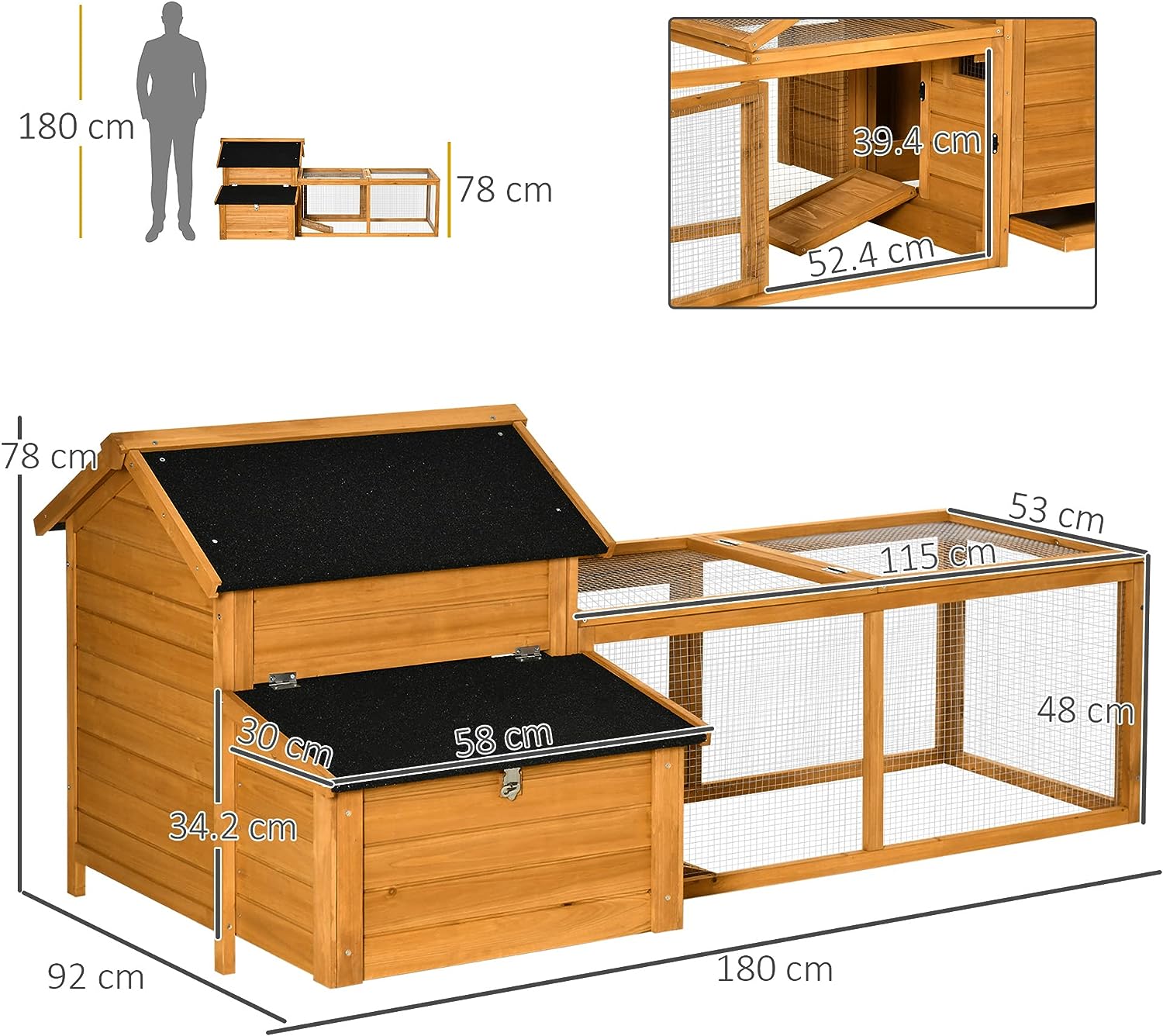 Pollaio per Galline Casetta Legno 180 x 92 H 78 cm