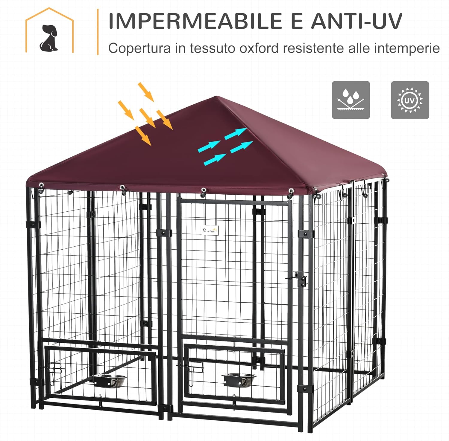 Recinto per Cani Telaio in Acciaio 141x141 H153cm Tetto in Stoffa