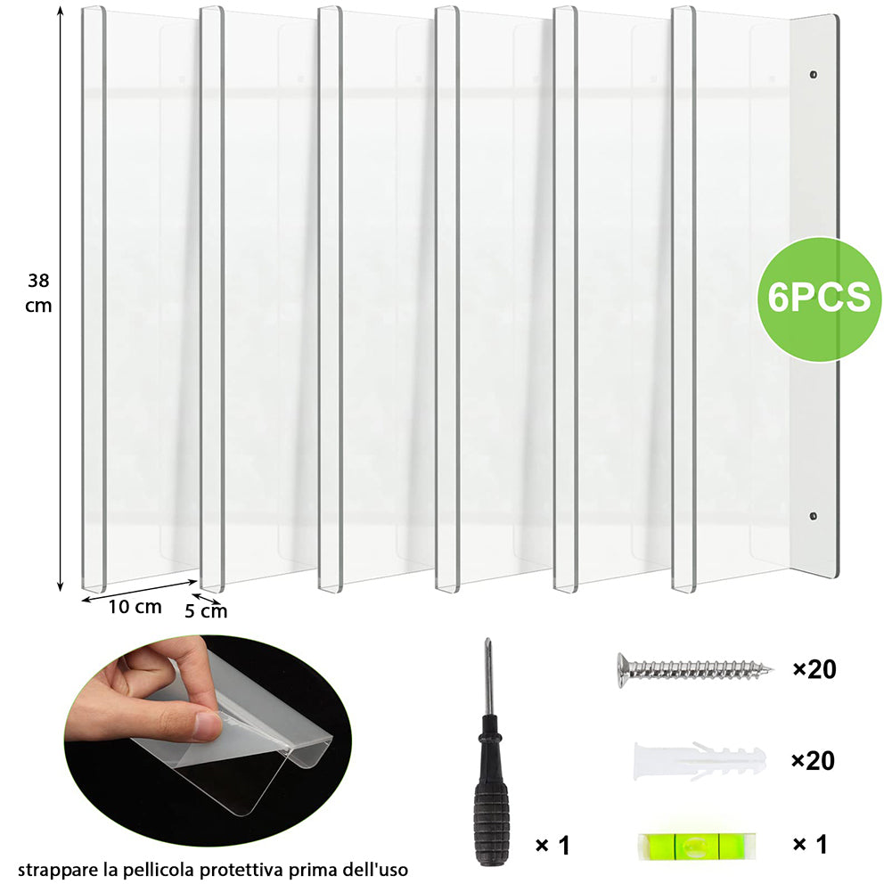 6 x Mensole Trasparenti da Parete Scaffali a Muro Organizer Multiuso 38x10x5cm