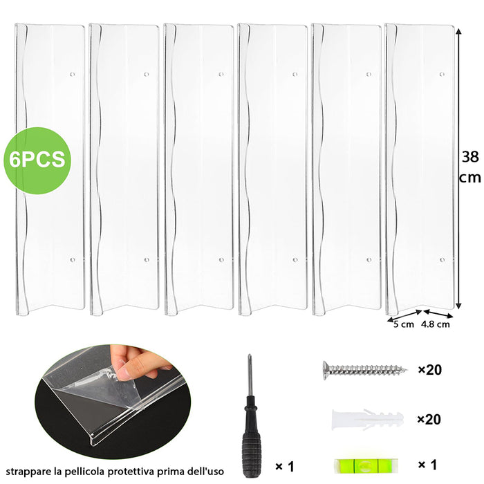 6 x Mensole Trasparenti da Parete Scaffali a Muro Organizer Multiuso 38x10x4,8cm