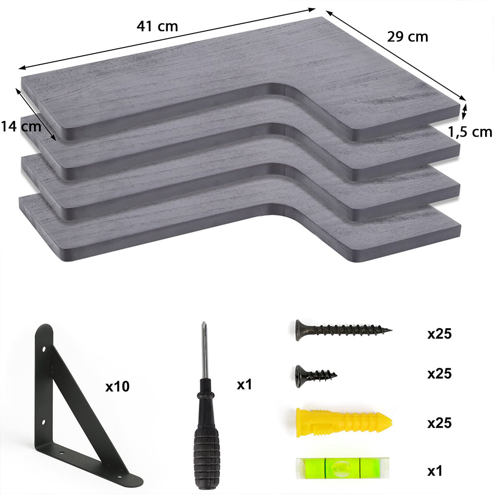 Set 4 Mensole in Legno Grigio da Parete Scaffalatura Muro Salvaspazio 41x14x29cm