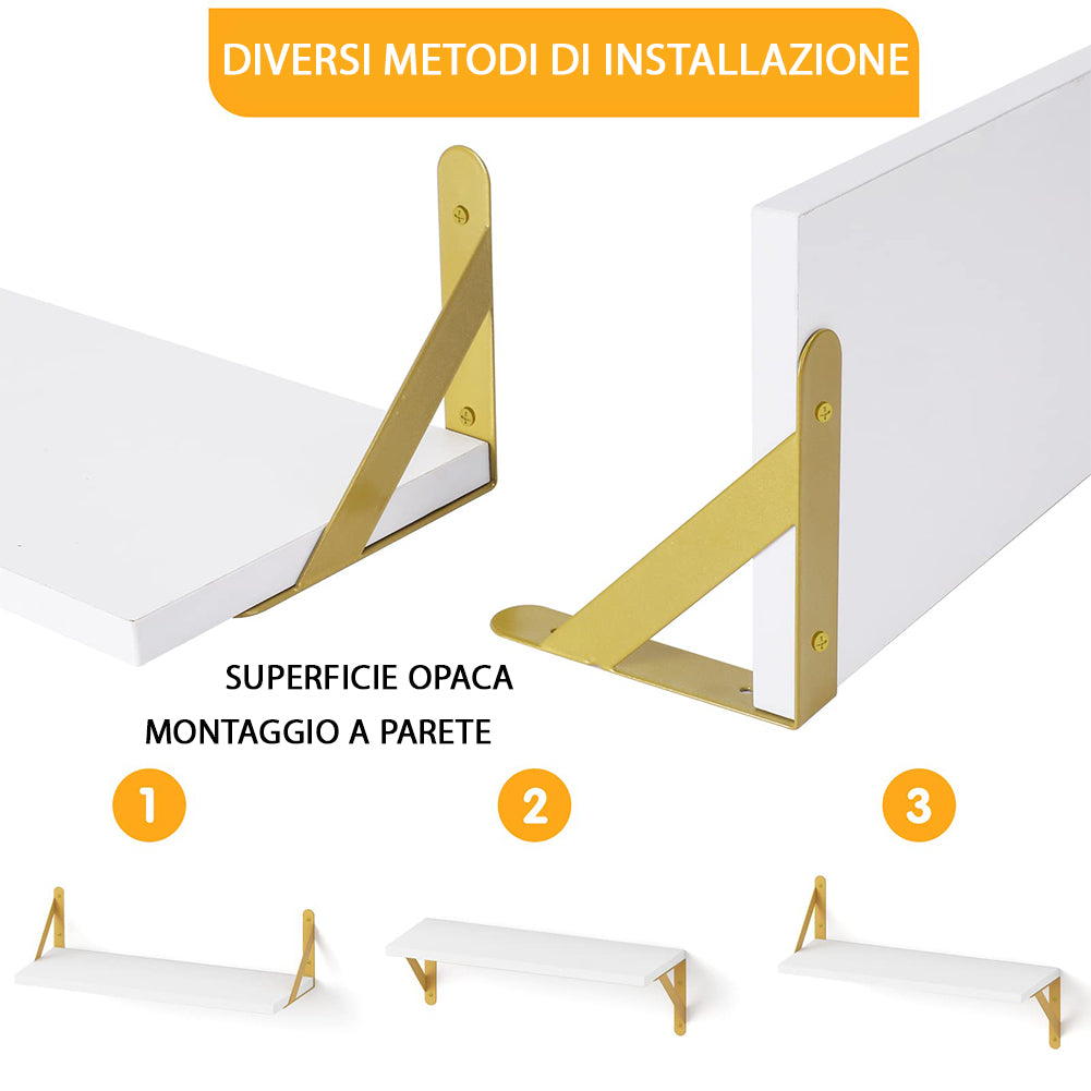 Set 4 Mensole da Parete in Legno Bianco e Staffe Oro Scaffalatura Scaffale Muro