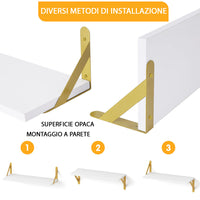 Set 4 Mensole da Parete in Legno Bianco e Staffe Oro Scaffalatura Scaffale Muro