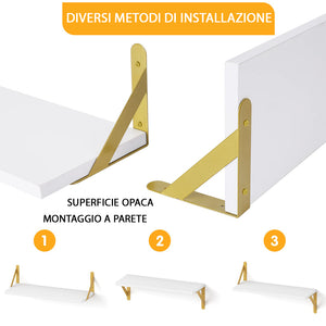 Set 4 Mensole da Parete in Legno Bianco e Staffe Oro Scaffalatura Scaffale Muro