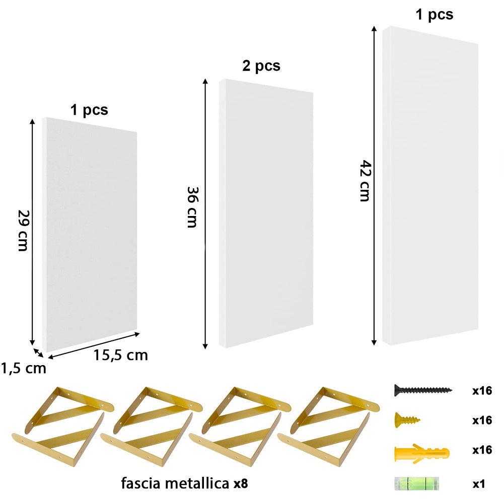 Set 4 Mensole da Parete in Legno Bianco e Staffe Oro Scaffalatura Scaffale Muro