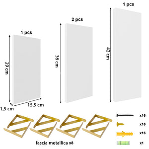 Set 4 Mensole da Parete in Legno Bianco e Staffe Oro Scaffalatura Scaffale Muro