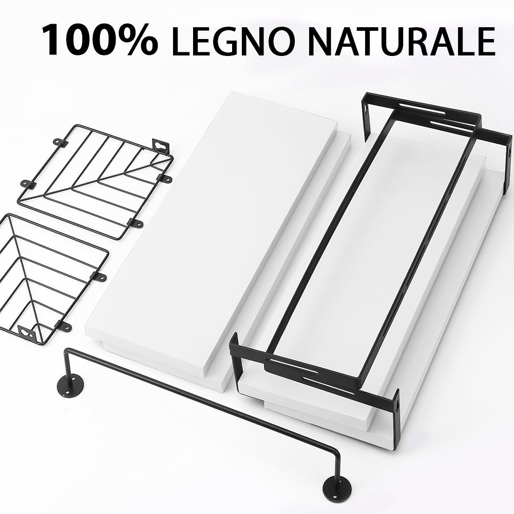 Set 3 + 1 Mensole da Parete in Legno Bianco Scaffalatura Scaffale Muro Versatile