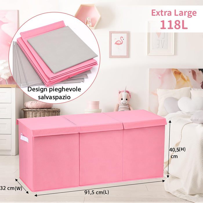 Contenitore Box 3 Scomparti Rosa Scatola Cesta Giocattoli Organizer Multiuso