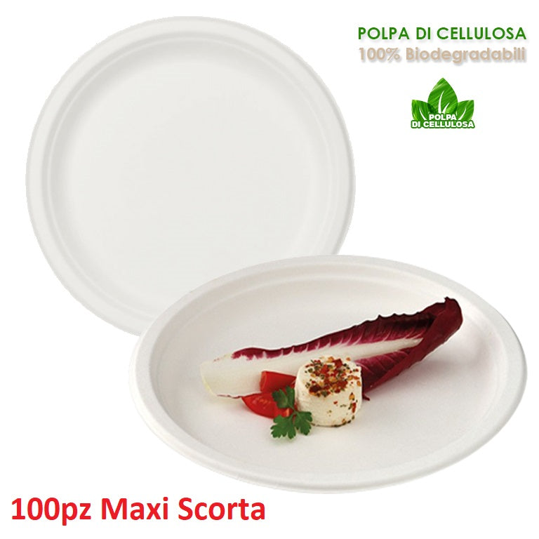 Piatti Monouso Piani 100pz 23cm 100% Biodegradabili Bianco Casa Bar Ristorante