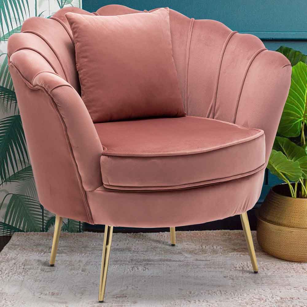 Sedia Poltrona Relax Velluto e Metallo Imbottita Design Moderno Rosa Piedi Oro