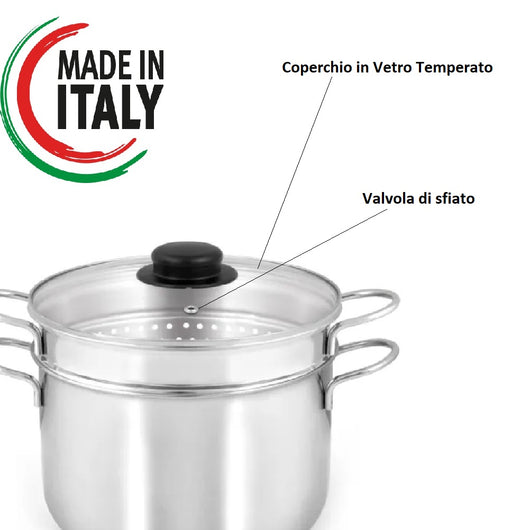 Pentola Cuoci Pasta In Acciaio Inox 22cm 6.4 lt Coperchio Temperato Casa Ristorante