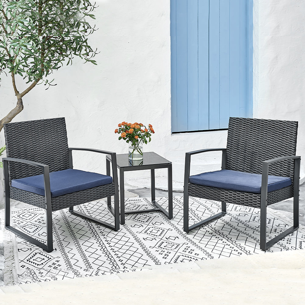 Set 3 Pezzi Polyrattan per Giardino con 2 Poltrone 1 Tavolo Nero e Blu Bistrot