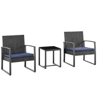 Set 3 Pezzi Polyrattan per Giardino con 2 Poltrone 1 Tavolo Nero e Blu Bistrot