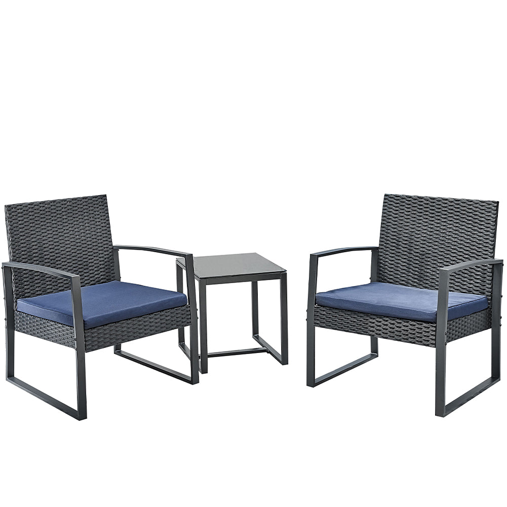 Set 3 Pezzi Polyrattan per Giardino con 2 Poltrone 1 Tavolo Nero e Blu Bistrot