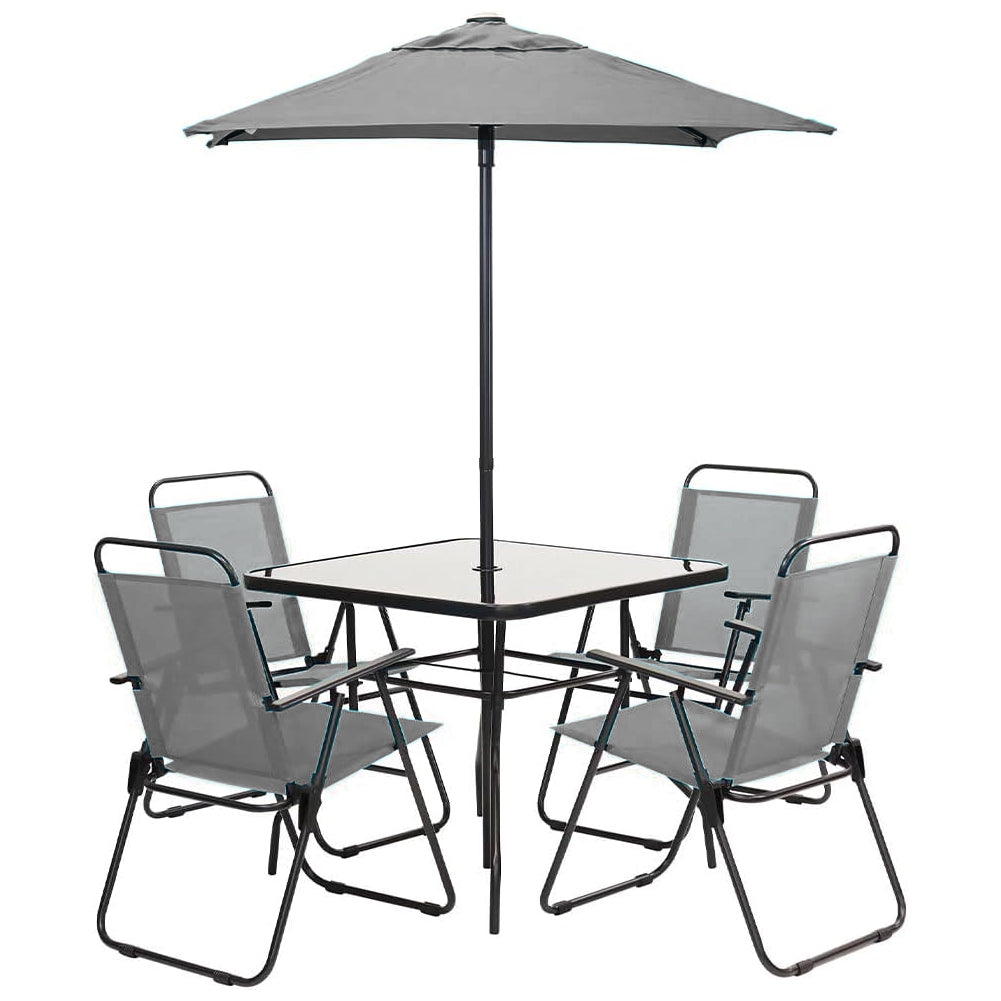 Set da Pranzo 6 Pezzi per Giardino Patio con Ombrellone 4 Sedie Pieghevoli Grigio