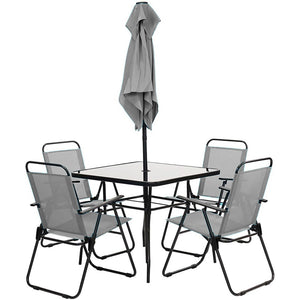 Set da Pranzo 6 Pezzi per Giardino Patio con Ombrellone 4 Sedie Pieghevoli Grigio