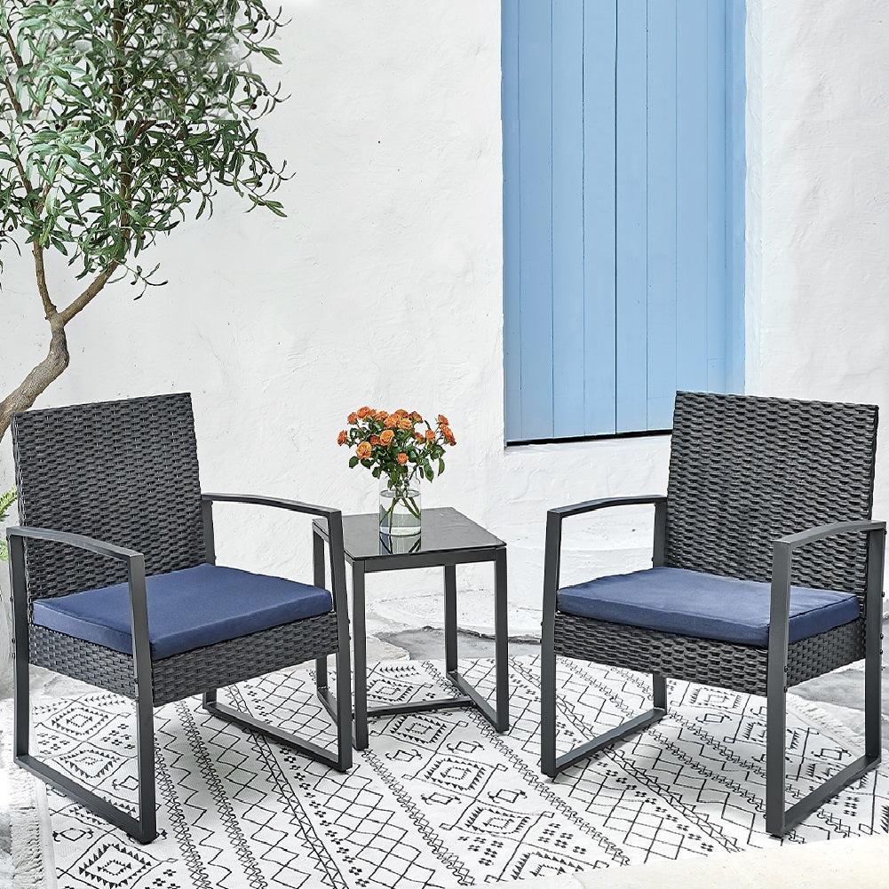 Set da Giardino Tavolino e 2 Poltrone in Polyrattan Nero e Blu con Cuscini