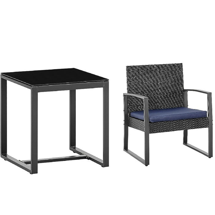 Set da Giardino Tavolino e 2 Poltrone in Polyrattan Nero e Blu con Cuscini