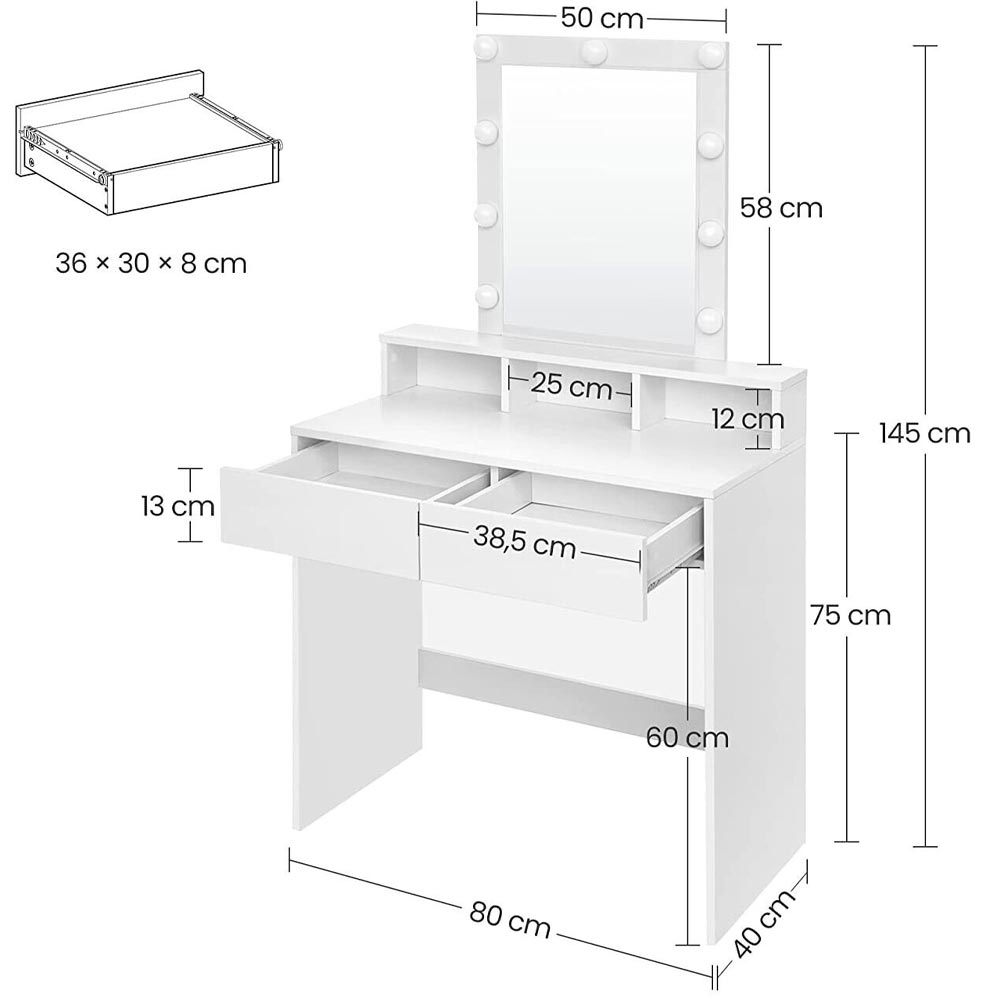 Consolle Trucco con Specchio a Led Mobile Makeup 2Cassetti 80x40 H 145cm Luce Regolabile