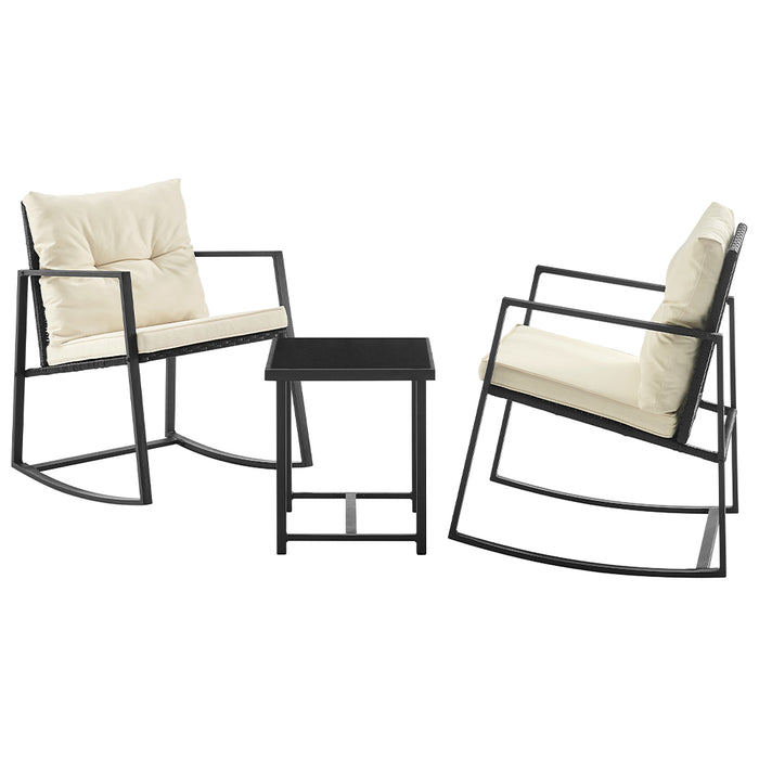 Set Tavolo e Poltrone Dondolo da Esterno Mobili Giardino Polyrattan Beige e Nero