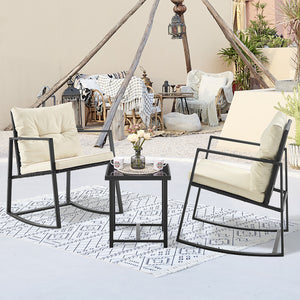 Set Tavolo e Poltrone Dondolo da Esterno Mobili Giardino Polyrattan Beige e Nero