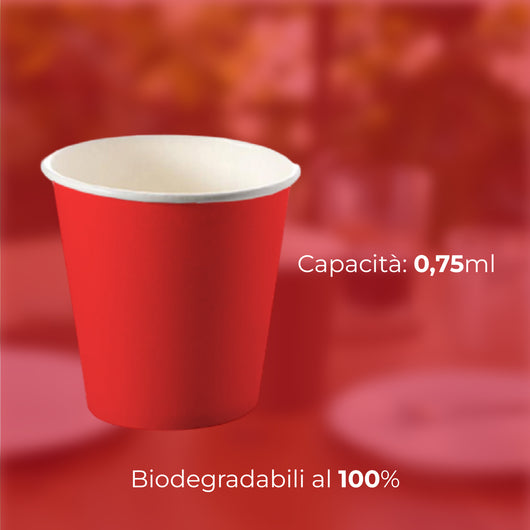 Bicchieri Caffe in Carta 75ml H. 5cm Maxi Scorta 500pz 100% Biodegradabili Rosso