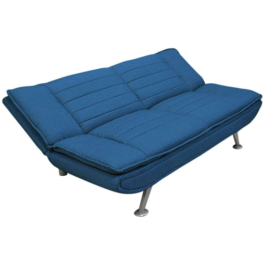 Divano Letto Ginevra Clic Clac 3 Posti Tessuto Imbottito Blu e Metallo Cuscini