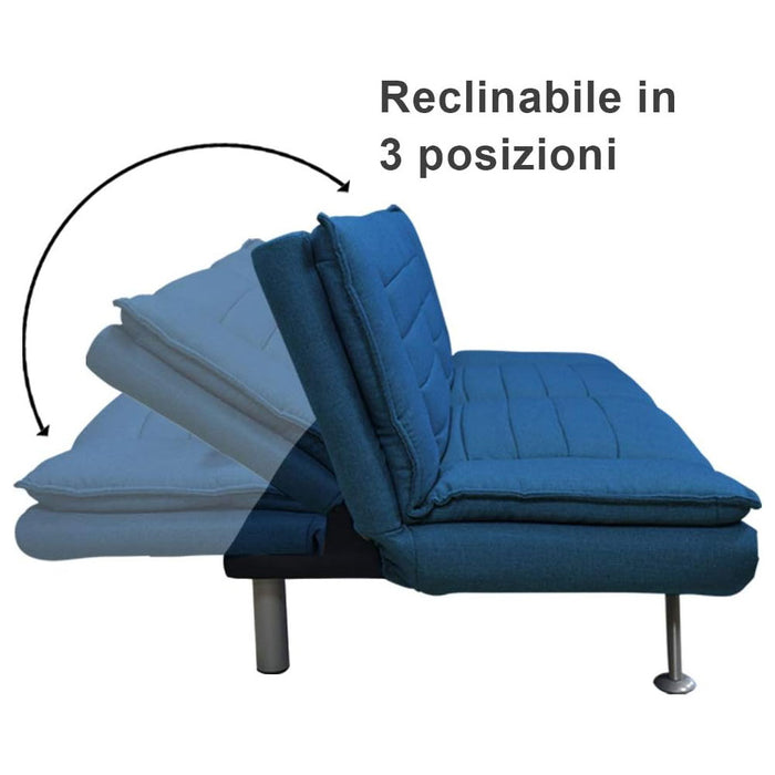 Divano Letto Ginevra Clic Clac 3 Posti Tessuto Imbottito Blu e Metallo Cuscini