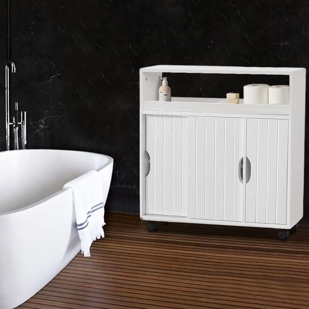 Mobiletto Bagno 4 Ruote e Ante Scorrevoli Carrello Salvaspazio Stretto Multiuso