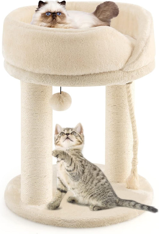 Tiragraffi per Gatti, Albero Tiragraffi Gatto con Cuccia in Peluche, Pallina, Corde e Tiragraffi in Sisal, Tiragraffi da Divano in Legno per Gatti Piccoli, 43 x 43 x 53 cm (Beige)