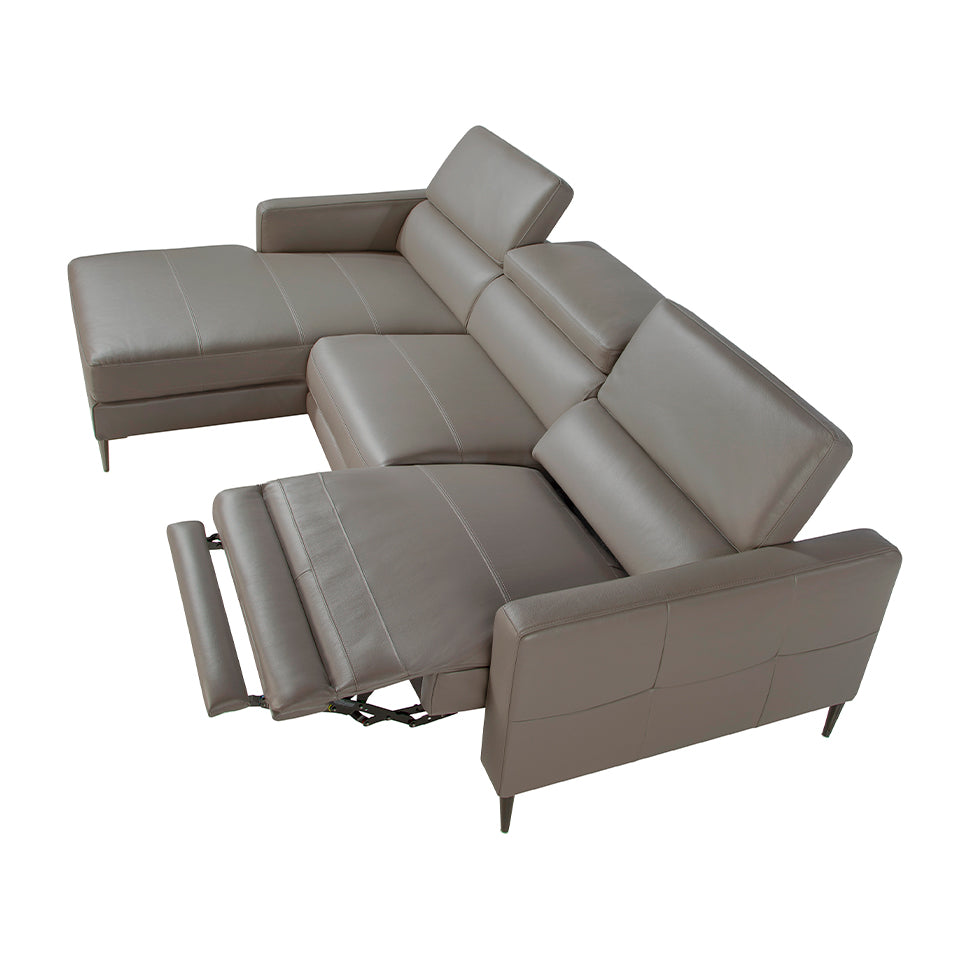 Divano a chaise longue in pelle grigio scuro con meccanismo relax