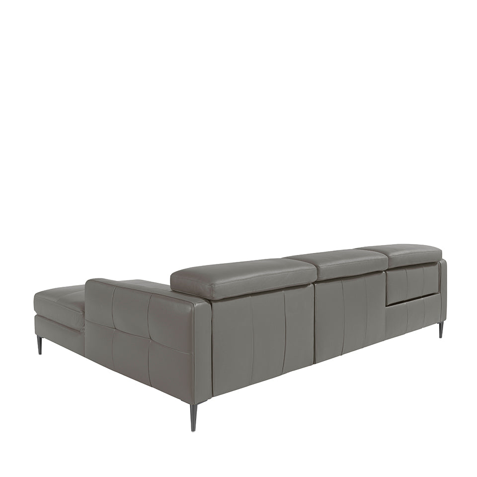 Divano a chaise longue in pelle grigio scuro con relax