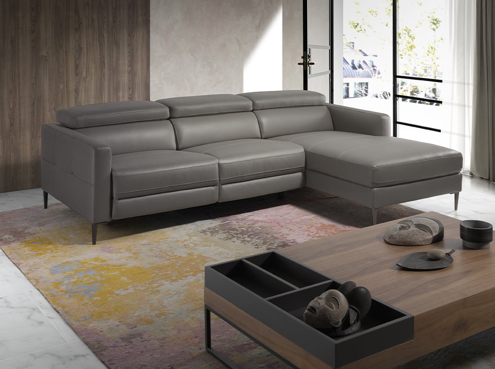 Divano a chaise longue in pelle grigio scuro con relax