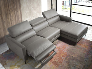 Divano a chaise longue in pelle grigio scuro con relax