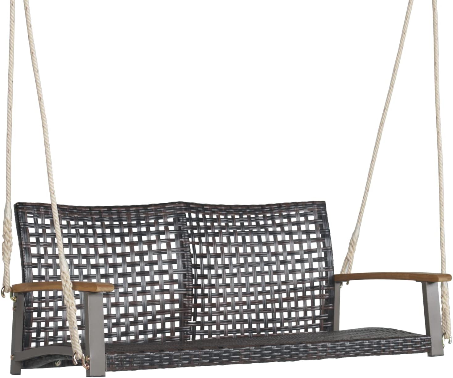 Dondolo Sospeso da Esterno con 2 Posti, Panca Altalena in Rattan PE con 2 Corde, Schienale Curvato e Braccioli in Legno di Acacia, Carico Massimo 360 kg, 131 x 68 x 54 cm (Senza Cuscino)