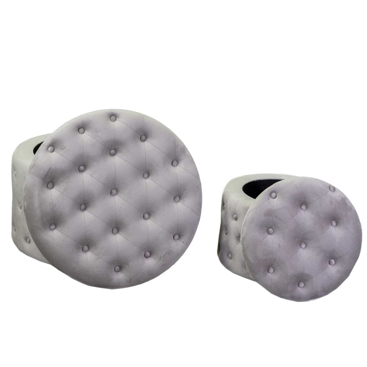 Set 2 Pouf Contenitore Ø50 cm e Ø70 cm in Tessuto Velluto Grigio