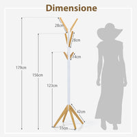 Attaccapanni da Terra, Appendiabiti in Bambù con 6 Ganci, Base a 4 Artigli, per Ingresso Camera da Letto Ufficio, 55x55x179 cm