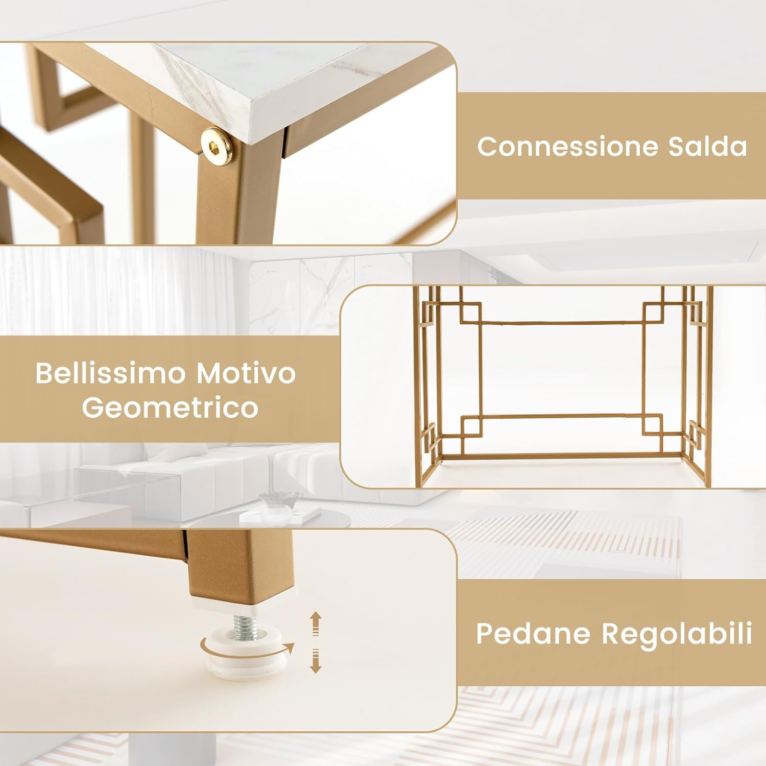 Tavolo Consolle Moderno, Tavolo da Ingresso Stretto con Cornice Geometrica Dorata, Piano Effetto Marmo Bianco e Dispositivo Anti-Ribaltamento, 110 x 30 x 81 cm