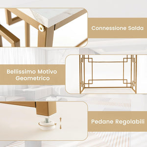 Tavolo Consolle Moderno, Tavolo da Ingresso Stretto con Cornice Geometrica Dorata, Piano Effetto Marmo Bianco e Dispositivo Anti-Ribaltamento, 110 x 30 x 81 cm