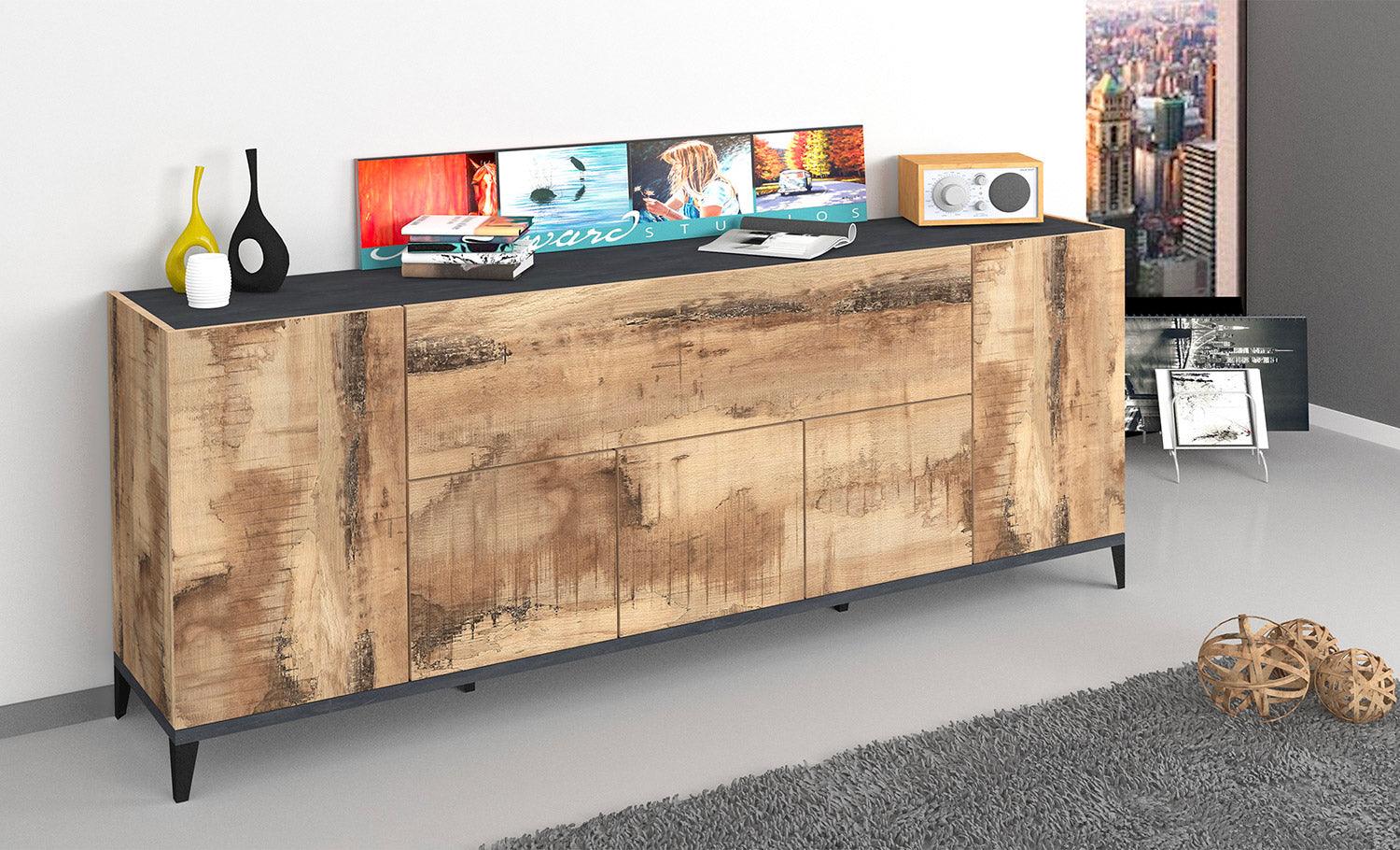 Credenza 4 Ante + 1 Anta Ribalta 200x40x82 cm Sunrise Acero Pereira e Ardesia