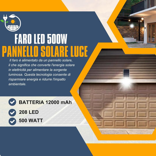 Faro LED Esterno 500W con Pannello Solare, Luce Solare 208 Potenti LED, Batteria 12000mAh LED Esterno con Pannello Solare 1200W, 6500K Bianco Freddo, Con Sensore Di Movimento 18000mAh, Telecomando + Staffa