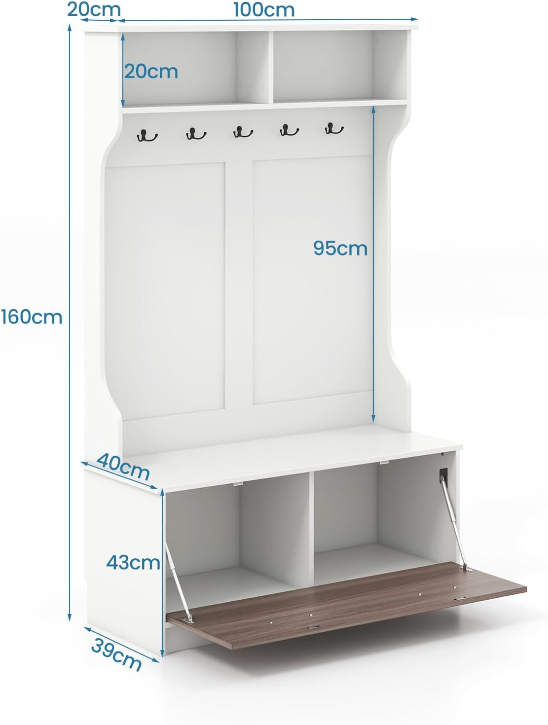 Armadio con Appendiabiti Multifunzionale, con Panca 5 Ganci Doppi, Organizzatore di Casa Indipendente per Ingresso Camera da Letto, 100x39x160 cm (Bianco)