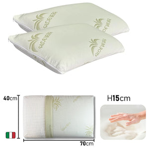 Coppia Cuscino Sfoderabile Aloe Vera e Memory 70x40 H 15cm con Sacca da Viaggio