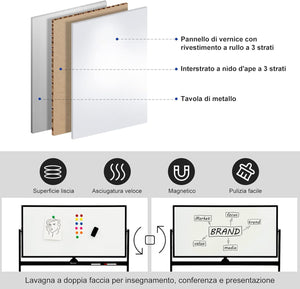 Lavagna Bianca Magnetica Doppia, Design Regolabile in Altezza con Ruote Bloccabili, 6 Pennarelli, 12 Calamite e 1 Cancellino, Ideale per Casa Ufficio e Scuola, 126 x 59 x 145/165 cm, Nero