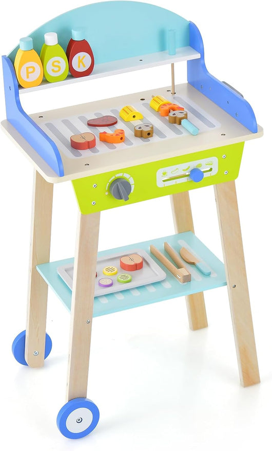 Set da Gioco Barbecue per Bambini, Set da Barbecue Giocattolo con Utensili da Grigliata in Legno e Alimenti Giocattolo, Maniglia Scorrevole e Ruote Lisce