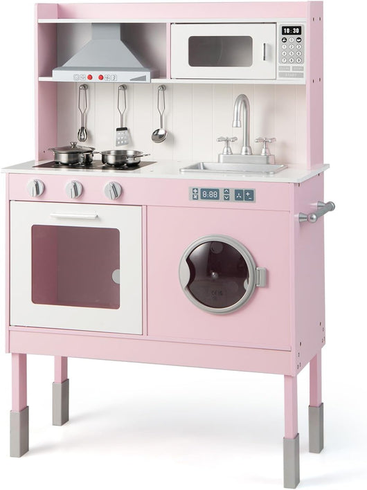 COSTWAYCucina Giocattolo con Cappa e Lavatrice, Cucina Giocattolo con Accessori Adorabili Suoni e Luci Reali, Set Cucina Chef in Legno per Bambini, Regalo per Età 3+ Rosa