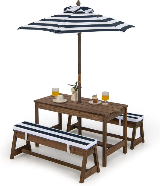 Tavolo da Picnic per Bambini con Parasole Pieghevole, Set di Tavolo e Panca in Legno con Cuscini, per Giardino, Cortile, Patio (Blu)