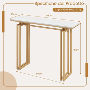 Tavolo Consolle 110cm, Tavolo da Ingresso con Piano in Finto Marmo, Struttura in Metallo e Poggiapiedi Regolabili, Tavolino da Divano Moderno per Salotto, Corridoio e Ingresso (Oro)