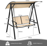 Dondolo da Giardino con Tettuccio Regolabile, Dondolo Altalena 2 Posti con Telaio in Metallo e Parasole, per Bordo Piscina, Giardino, Balcone, Portata 240 kg